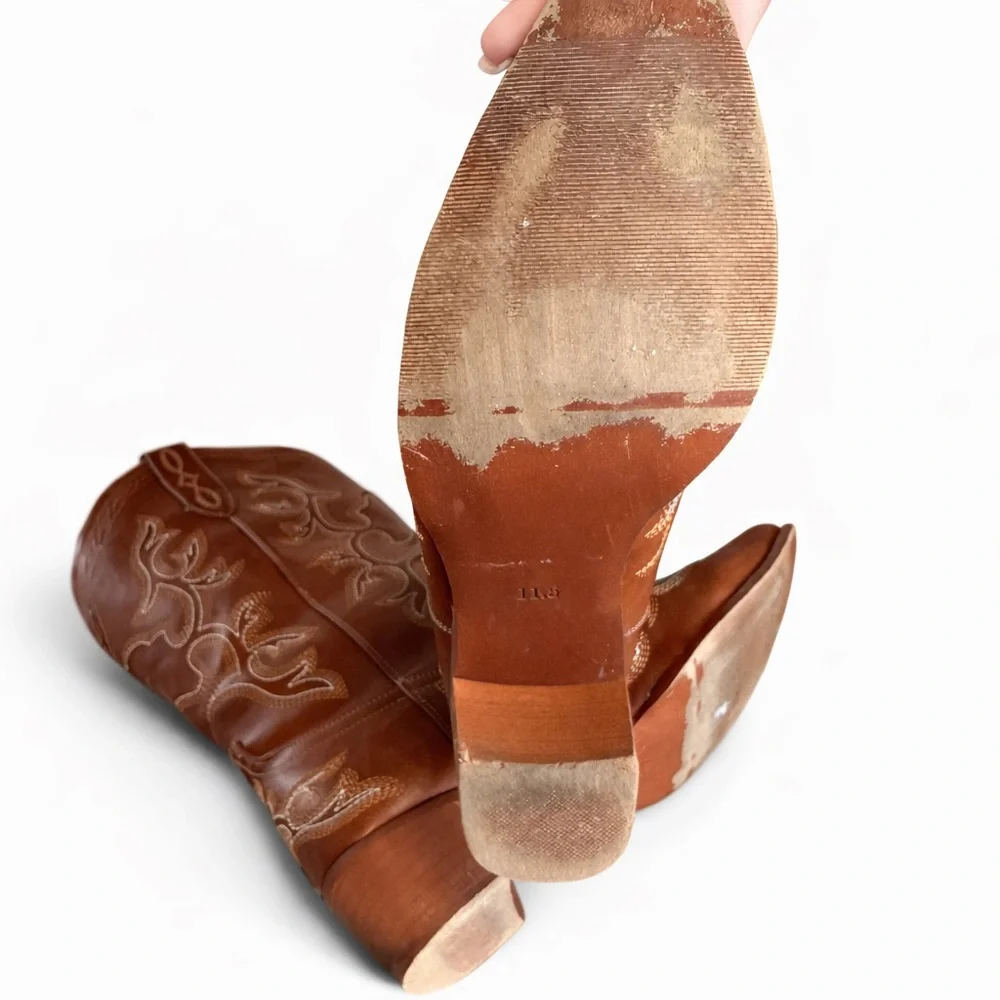 Cognac Embroidered Western Mid-Calf Boots Boho Cowgirl Rodeo Size 11.5 - Picture 7 of 10